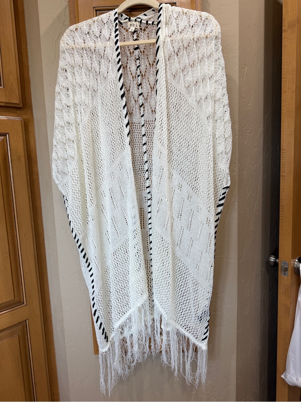 POL Off White Open Knit Fringe Cardigan with Black Trim
